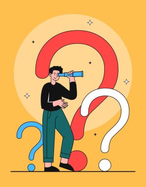 Search for solution. Man with binocular stands in background of questions. Decision making and logical thinking. Goal setting, planning and strategy development. Cartoon flat vector illustration