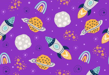 Space seamless pattern. Repeating design element for printing on fabric. Rocket and asteroids, planets. Astrology and astronomy. Scientific research, travel. Cartoon flat vector illustration