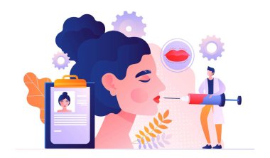 Lip filler concept. Cosmetologist injects remedy into womans face, beauty, cosmetic procedures. Advertising poster or banner for website. Change in appearance. Cartoon flat vector illustration