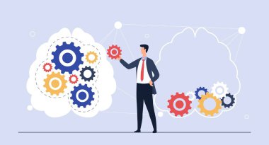 Logical thinking concept. Man builds clouds from gears. Thoughtful character solves problem. Psychology, mindfulness and mental health. Solution and decision. Cartoon flat vector illustration