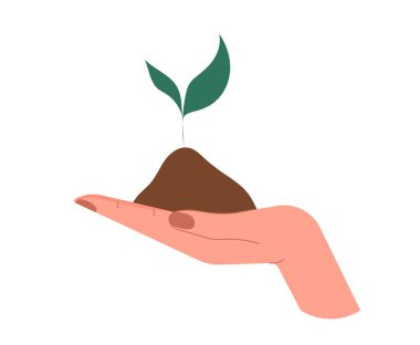 Hand with ground. Character holding plant sprout. Caring for nature and ecology. Love for botany, biology. Gardening, agriculture and farming. Poster or banner. Cartoon flat vector illustration