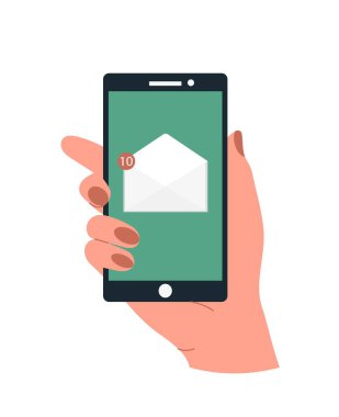 Hand with smartphone. Business correspondence, message in instant messengers or social networks. Communication on Internet, online chatting. Devices and gadgets. Cartoon flat vector illustration