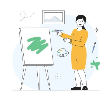 Female school drawing teacher. Young girl draws on blackboard, shows styles in art. Education and development of creative skills in children. character in classroom. Cartoon flat vector illustration