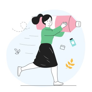 Moisturizing face skin care. Young girl carrying large bottle of cosmetics. Poster or banner for website. Organic and natural products. Beauty, aesthetics and hygiene. Cartoon flat vector illustration