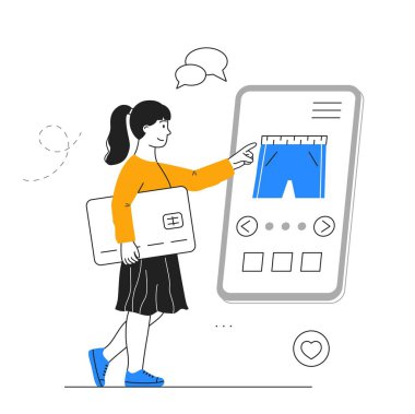 Buying goods on mobile phone. Young woman with card chooses size of jeans on smartphone. Online shopping, home delivery. Gadgets and devices, modern technologies. Cartoon flat vector illustration