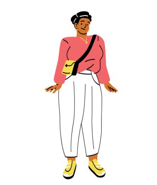 Happy big chubby woman. Beautiful confident girl with plus size figure or obese body. Curvy female character accepts herself. Bodypositive and feminism concept. Cartoon flat vector illustration