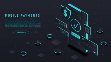 Mobile payments concept. Electronic wallet, transfers and transactions, banking operations on Internet. Modern technologies and digital world. Online shopping. Cartoon isometric vector illustration