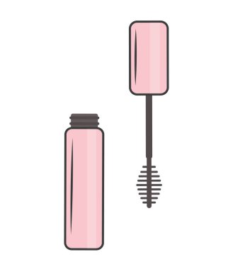 Cosmetic mascara icon. Bottle and brush for creating stylish look, cosmetic product for face and eyelashes, make up. Beauty, elegance, glamour, and aesthetics. Cartoon flat vector illustration