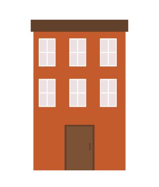 Red house icon. Tall and modern building, comfortable home. Urban architecture in modern style. Comfort and coziness. City exterior, landscape. Poster or banner. Cartoon flat vector illustration
