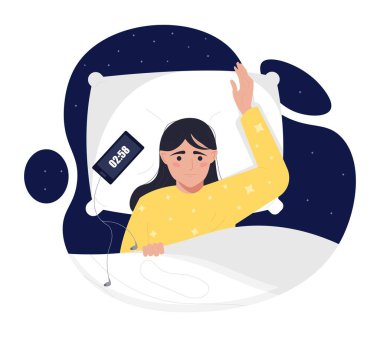 Concept of insomnia. Sad woman lies on pillow with smartphone at bedroom. Mental problems and psychology, diseases and disorders. Depression and frustration. Cartoon flat vector illustration