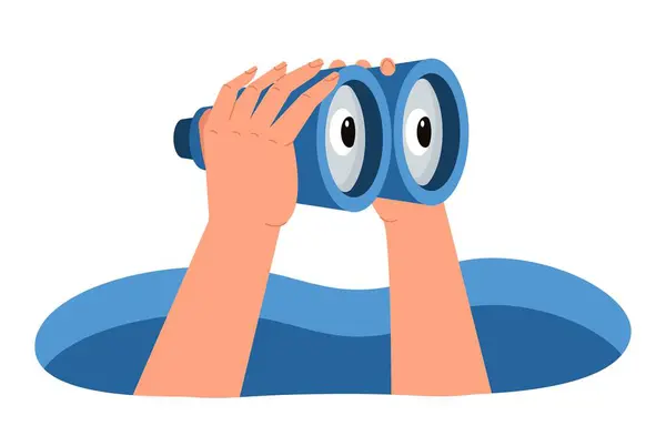 Hands with binoculars. Symbol of searching for information on Internet, recruiting employees to company or espionage. Search engine optimization online, SEO. Cartoon flat vector illustration