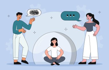 Ignore noise concept. Girl sits in lotus position in dome. Man and woman arguing, yelling at each other. Mental health and psychology, calmness and inner balance. Cartoon flat vector illustration