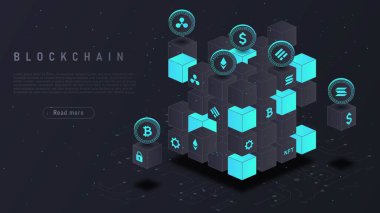 Blockchain technology concept. Cryptocurrency, modern technologies and digital world, innovations. Programming and coding. Security of online transactions, NFT. Cartoon isometric vector illustration