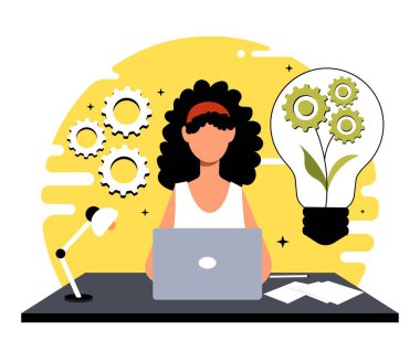 Environment idea concept. Young girl at laptop develops way to reduce hazardous waste emissions. Caring for nature, responsible society, eco friendly character. Cartoon flat vector illustration