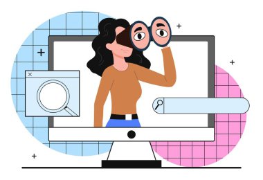 Search on internet. Young girl with binoculars stands at computer screen. Modern technologies and digital world. Information, data and knowledge, online website. Cartoon flat vector illustration