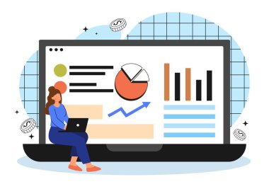 Stock market concept. Woman with laptop analyzes graphs and charts. Financial literacy, economics and trading. Investor or entrepreneur working with statistics. Cartoon flat vector illustration