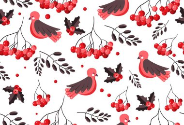 Kusursuz bir Noel deseni. Hediye ambalajında yazdırmak için tasarım ögesi tekrarlanıyor. Dalda böğürtlen ve kuş. Kış mevsiminin ve tatillerin sembolü, yeni yıl. Çizgi film düz vektör çizimi