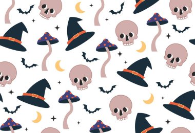Sihirli, kusursuz desen. Kumaş üzerine baskı yapmak için tasarım ögesi tekrarlanıyor. Cadı şapkaları, korkunç mantarlar, yarasa ve kafatası. Cadılar Bayramı ve korkunç sonbahar tatili konsepti. Çizgi film düz vektör çizimi