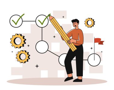 Proje izleme konsepti. Kalemli adam, tamamlanmış görev ve hedeflerin önüne kene koyar. Web sitesi afişi ya da afişi. Zaman yönetimi ve verimli iş akışı. Çizgi film düz vektör çizimi