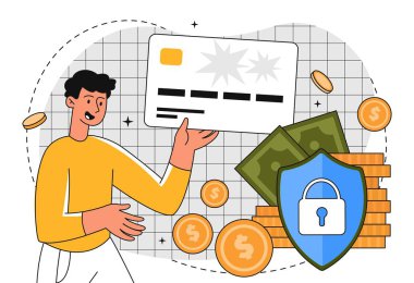 Güvenlik kasası parası. Adam kartı kilitli tutuyor. Finansal okuryazarlık, online bankacılık. Antivirüs ve hacker saldırılarını önlemenin yolları, kimlik doğrulama. Çizgi film düz vektör çizimi