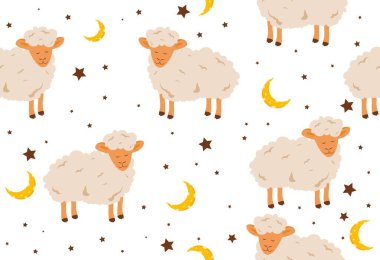 Koyun kusursuz desen. Yatak çarşaflarına baskı yapmak için tasarım elemanı. Gece, yıldızlar ve ay. Rüyalar, rahatlama ve dinlenme, iyileşme. Çekici ve sevimli evcil hayvan. Çizgi film düz vektör çizimi