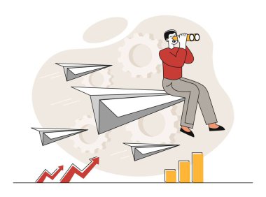 İş görüşü kavramı. Adam elinde dürbünle kağıttan uçakta oturuyor. Finansal okuryazarlık ve planlama. Liderlik ve motivasyon. Girişimci ya da iş adamı. Çizgi film düz vektör çizimi