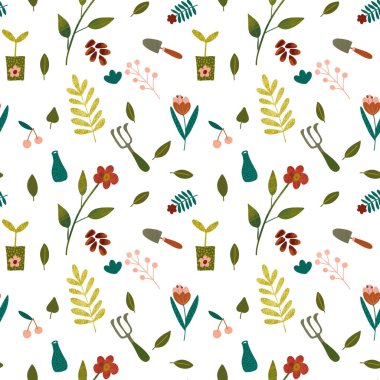 Çiçekler ve bahçe aletleriyle kusursuz desen. Duvar kağıtları, kumaş tasarımı, tasarım davaları için arka plan için kullanılabilir.