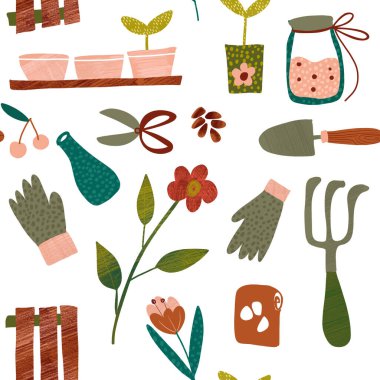 Bahçe aletleriyle kusursuz desen. Duvar kağıtları, kumaş tasarımı, tasarım davaları için arka plan için kullanılabilir.