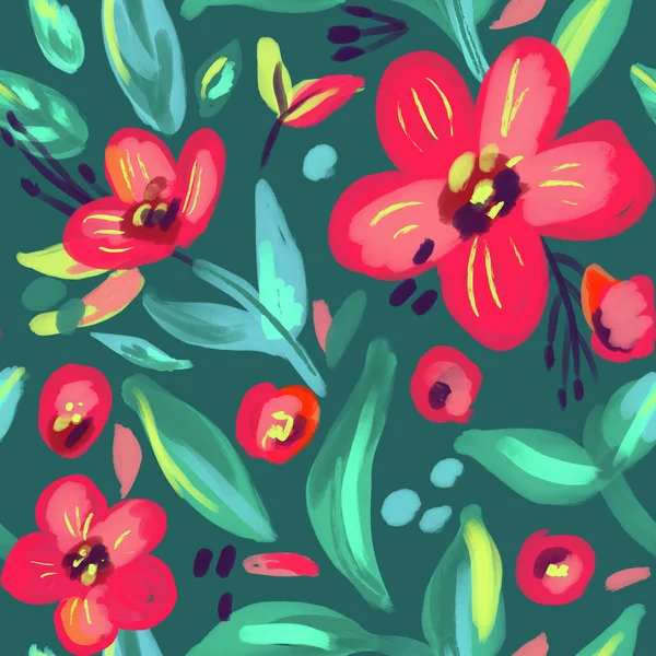 Seamless pattern with red flowers and green leaves.