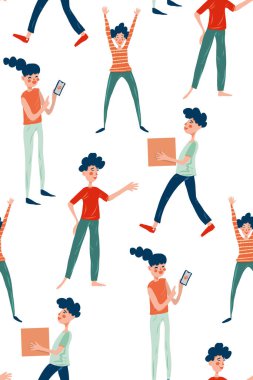 İnsanlarda kusursuz bir düzen. Farklı aktivitelerle meşgul komik karakterler, hareket, koşma, konuşma, mesaj gönderme, online alışveriş, neşelenme. Beyaz arkaplandaki izole figürler. 