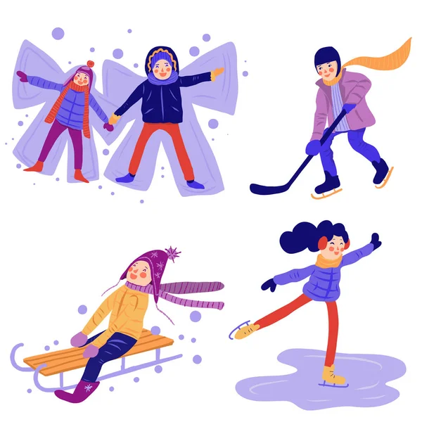 Conjunto Com Atividades Inverno Crianças Brincando Neve Patinação Gelo Hóquei — Vetor de Stock