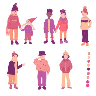 Kış kıyafetleri giymiş bir avuç tatlı çocuk. Erkekler ve kızlar. Beyaz arka plandaki izole figürler. Vektör illüstrasyonu.