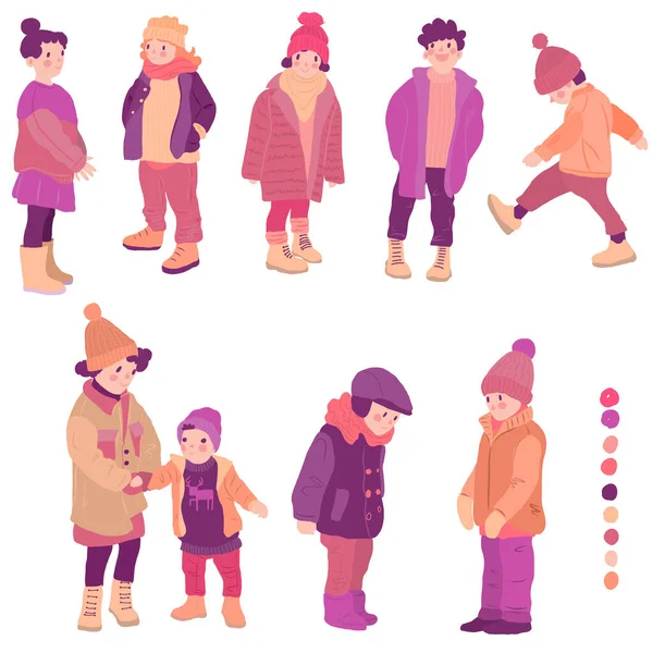 Şık kış kıyafetleri giymiş şirin çocuklarla dolu. Moda çocukları. Beyaz arkaplandaki izole figürler. 