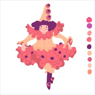 Cute child in carnival costume. Dress with pompoms, vector illustration. Isolated in white background.