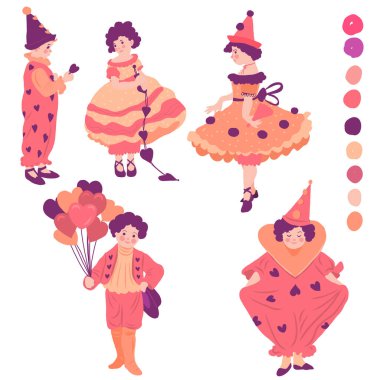 Palyaço kostümlü çocuklar. Sevgililer Günü. Sirk. Vektör çizimi. Beyaz arkaplandaki izole figürler. 