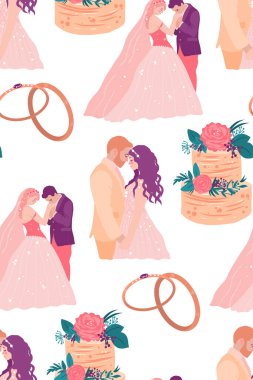 Düğün motifli kusursuz desen. Damat ve gelin el ele tutuşun, yüzüklerinizi takın. Pasta ve yüzükler. Vektör illüstrasyonu.