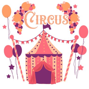 Klasik sirk temalı kartpostal. Çadır, balon, lunapark. Vektör illüstrasyonu.