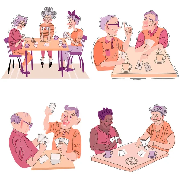 Conjunto Com Idosos Homens Mulheres Joga Cartas Feliz Reforma Ilustração — Vetor de Stock