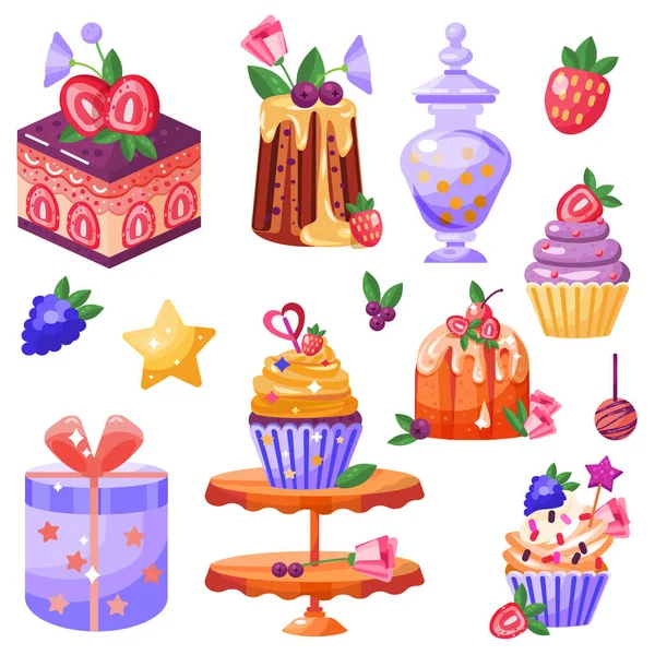 Set Con Diferentes Dulces Pasteles Frutas Bayas Caja Regalo Cupcakes — Vector de stock