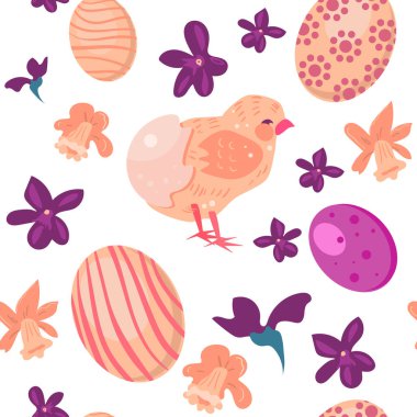 Paskalya fıstığı, menekşe çiçekleri, nergis ve yumurtaların kusursuz deseni. Vektör çizimi. Eski. 