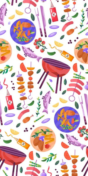 Patrón Sin Costuras Con Artículos Barbacoa Comida Parrilla Fiesta Parrilla — Vector de stock