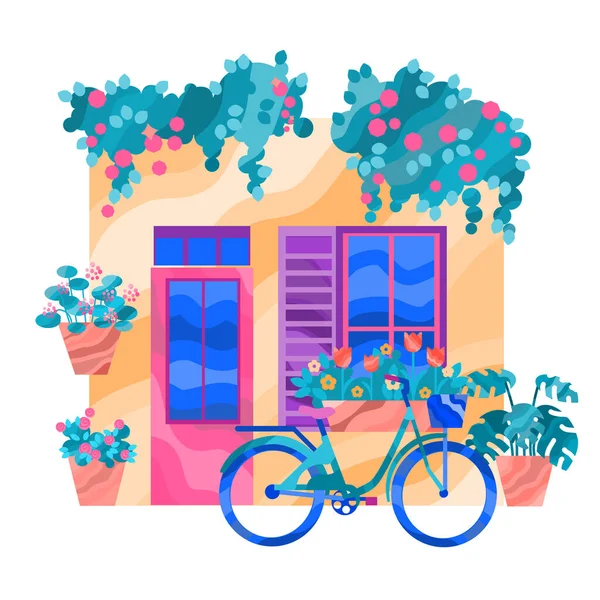 Ilustração Vetor Férias Verão Com Entrada Fachada Edifício Bicicleta Flores — Vetor de Stock