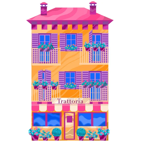 Illustration Vectorielle Avec Maison Style Italien Villa Avec Café Fleurs — Image vectorielle