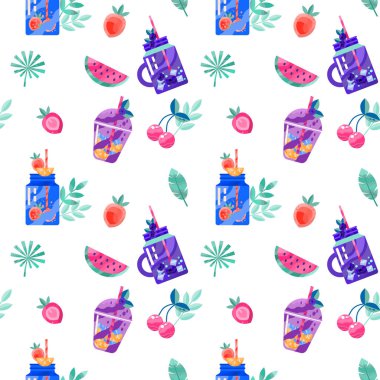 Kavanozda meyve ve kokteyl olan kusursuz yaz şablonu. Tekstil tasarımı, afişler, arka planlar, duvar kağıtları için kullanılabilir. 