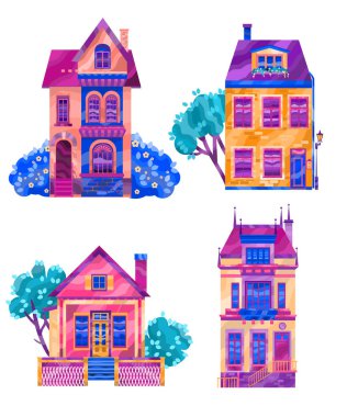 Farklı türde vektör illüstrasyonları olan evler. Güzel mimari. Oyun tasarımı, markalaşma, tasarım unsurları için kullanılabilir. Vektör sanatı. Beyaz arkaplan izole edildi. 