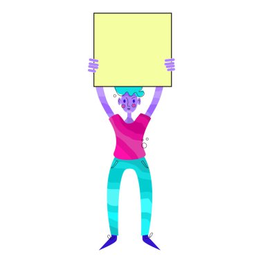 Elinde boş bir tahta tutan adam. Kendi metnini ekle. Vektör çizimi. Beyaz arkaplanda izole. 