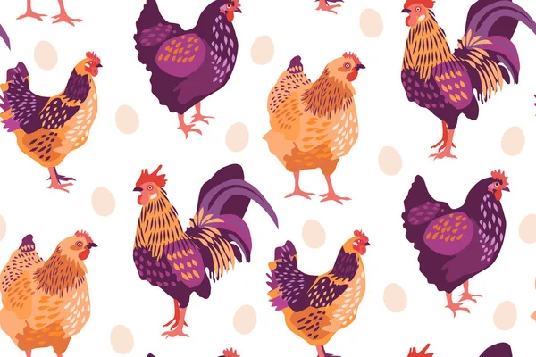 Seamless pattern with chickens, rooster and egg. Can be used for graphic design, branding, textile design, packaging. Vector illustration.