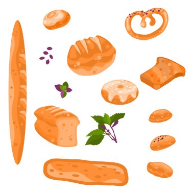 Farklı ekmekler, temel yapraklar ve tohumlarla çizilmiş vektör eliyle kendi tasarımınızı yapın. Klip sanatı. Vektör tasarım ögeleri.