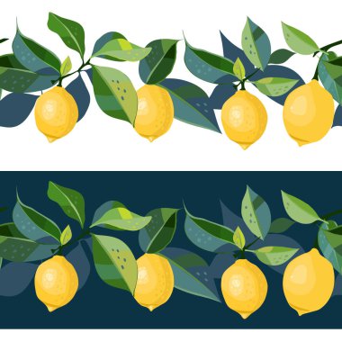 Limon ve yapraklarla çizilmiş iki kenar. Kusursuz desen. Tekstil tasarımı ve kumaş izleri için kullanılabilir.. 