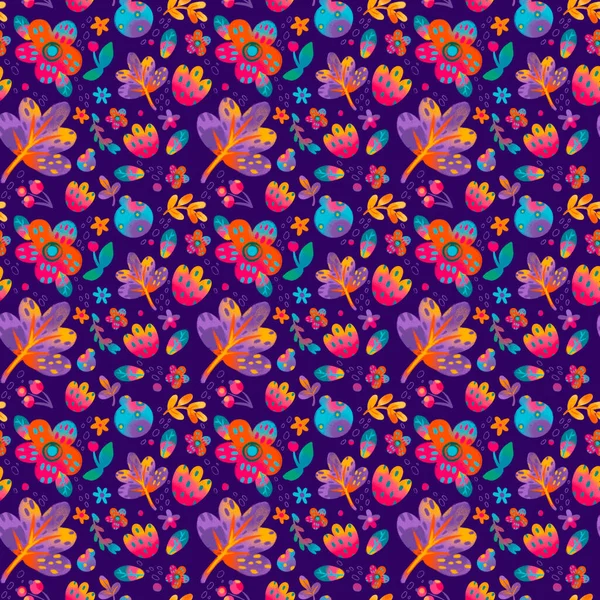 Seamless pattern with purple and red abstract flowers, blue berries on a dark background. Can be used for printing design.